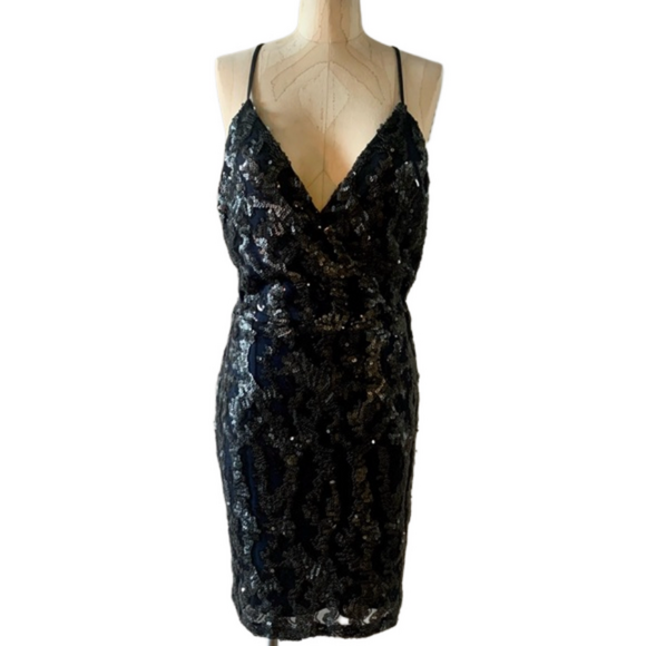Greylin Dresses & Skirts - GREYLIN Women's Navy-Black Mesh & Gun Metal Sequin Wrap Front Dress Size Medium